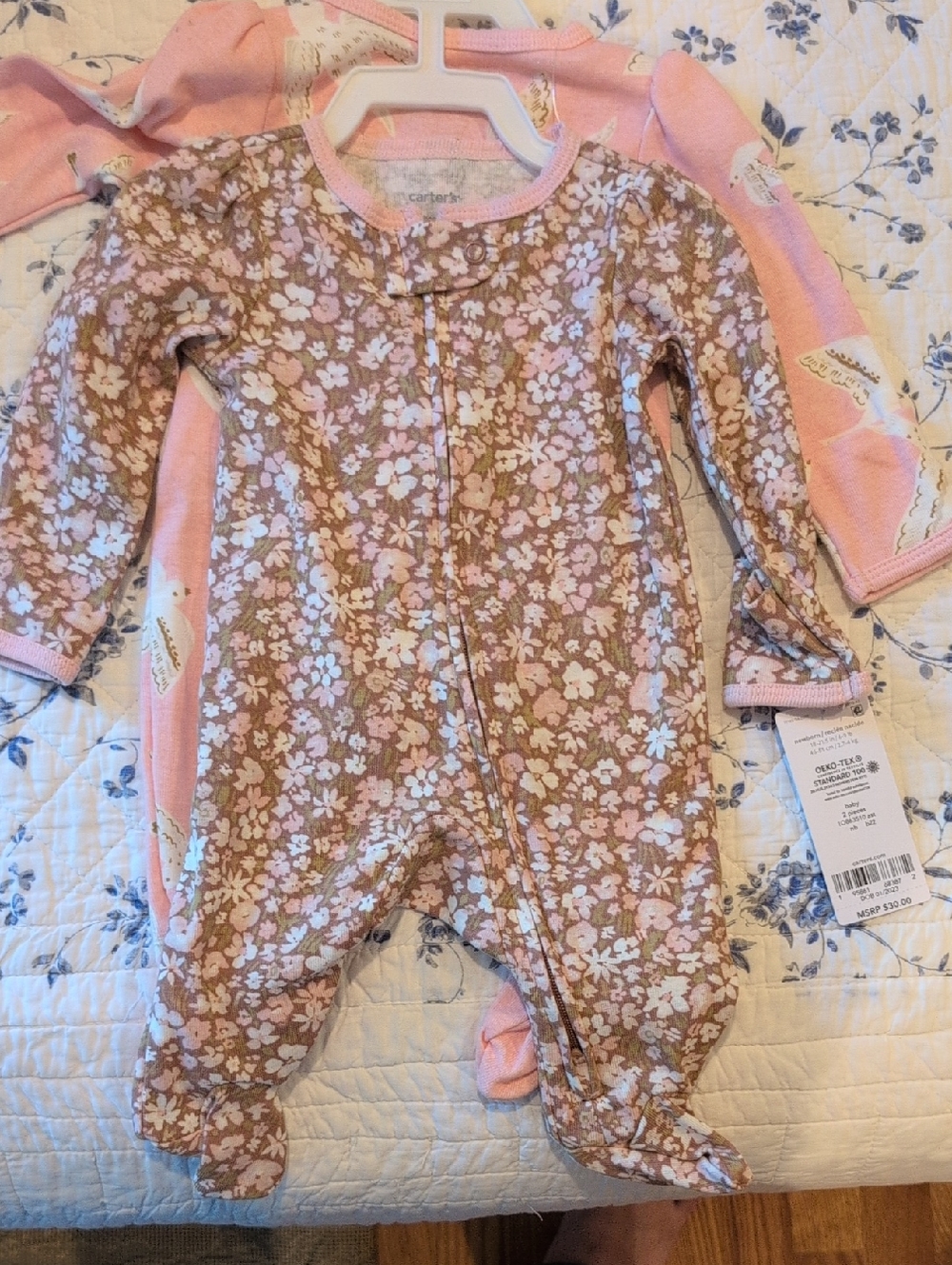 2 - Carter's Pink Floral Baby One-Piece Footed Pajamas